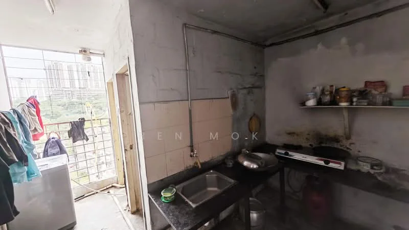 Kitchen features: single-bowl stainless-steel sink, chrome faucet, wall-mounted gas stove, exposed concrete walls, tile backsplash, open shelving, laundry area with washing machine, window with city view, clothes hanging on balcony railing; view: city.