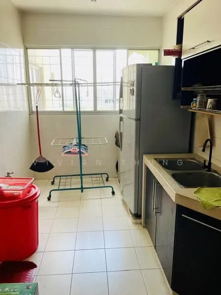 Kitchen features: grey refrigerator, single-bowl stainless-steel sink, chrome pull-down faucet, black cabinetry, white tiled walls, white tiled flooring, clothes drying rack, red plastic laundry basket, countertop with storage underneath, window with natural light; style: modern.