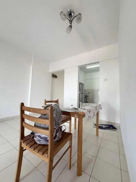 Dining features: wooden dining table, 2 wooden chairs, white walls, tile flooring, ceiling light fixture with multiple bulbs, open layout to kitchen, kitchen appliances visible in background; style: modern.