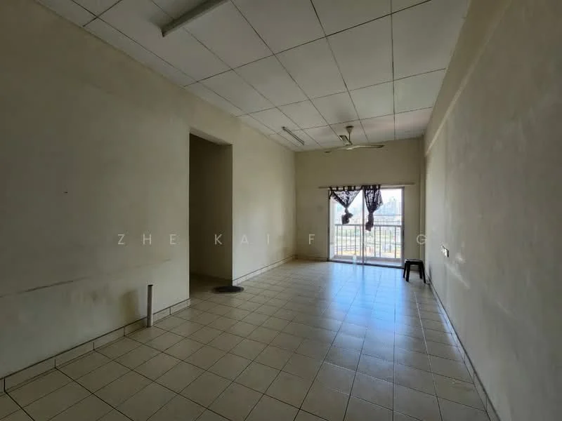 Room features: white painted walls, tile flooring, ceiling fan, large sliding glass door, curtains, window with city view, single chair, empty space; view: city.