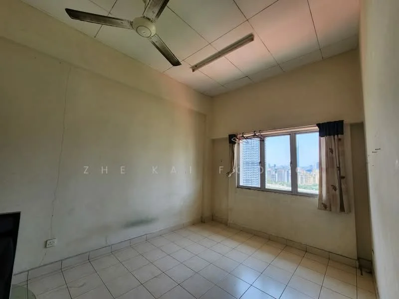 Room features: plain white walls, tiled flooring, single ceiling fan, window with city view, curtains on window, no visible furniture, natural light from window; view: city.