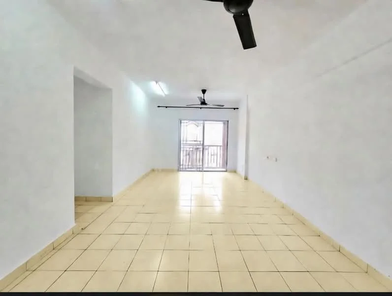 Living features: white painted walls, tile flooring, 5-blade ceiling fan, sliding glass door, natural light from sliding door, open layout, neutral color scheme, balcony access; style: modern.
