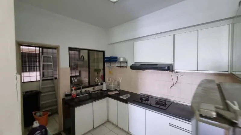 Kitchen features: white cabinetry, black countertop, stainless-steel sink, chrome pull-down faucet, built-in gas hob, exhaust hood, ceramic tile flooring, wall-mounted shelves, window with metal grille, door leading to external area, tile backsplash; style: modern.