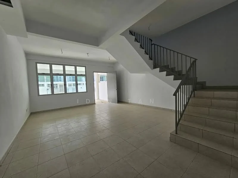 Room features: white painted walls, tile flooring, staircase with metal railing, large windows, natural light, open layout, high ceiling, doorway leading outside; style: modern.