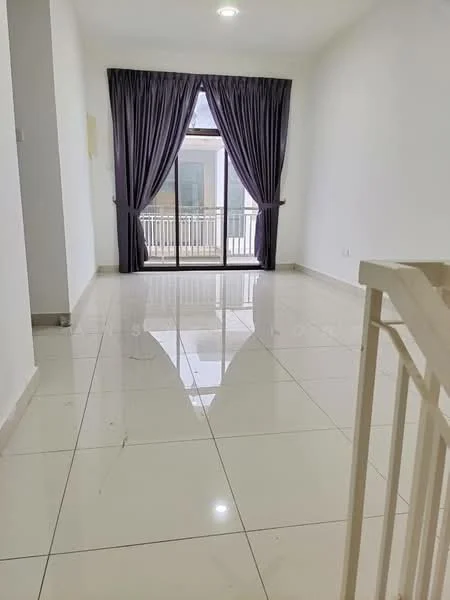 Room features: white painted walls, glossy ceramic tile flooring, floor-to-ceiling windows, balcony access, grey curtains, recessed downlights; style: modern.