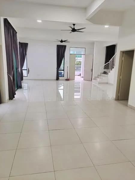 Living features: white painted walls, glossy tile flooring, 5-blade ceiling fan with light, large windows with sheer curtains, double-door entrance, staircase with railing, neutral color scheme, open layout; style: modern; view: garden.