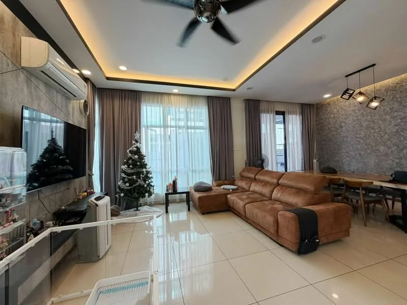 Living features: 3-seater leather sofa in brown, coffee table, wall-mounted TV, entertainment unit, floor-to-ceiling windows, sheer curtains, recessed downlights, ceiling fan, decorative wall with stone cladding, marble tile flooring, Christmas tree, dining table with chairs, air conditioning unit; style: modern.