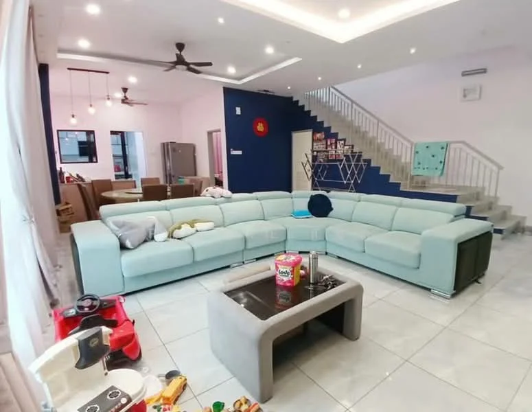 Living features: L-shape sectional sofa in light blue, coffee table with dark surface, white tiled flooring, recessed downlights, 5-blade ceiling fan, wall-mounted TV, decorative wall with blue paint, large windows with sheer curtains, open layout to dining area, staircase in background, decorative wall clock; style: modern.