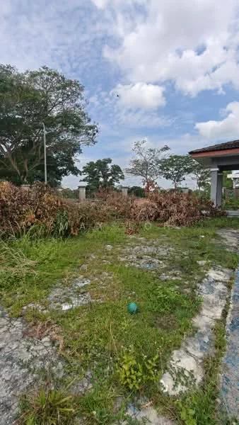 Exterior type: landscape garden; features: overgrown grass, scattered rocks, dried bushes, trees in background, cloudy sky, paved pathway, fence posts, open space.