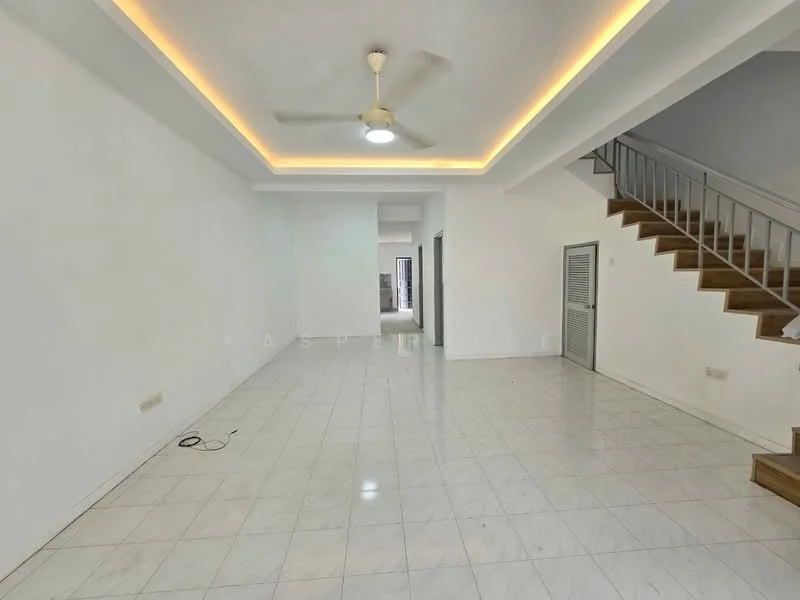 Living features: white painted walls, marble tile flooring, tray ceiling with recessed lighting, ceiling fan, staircase with wooden steps, open layout, large windows, neutral color scheme; style: modern.