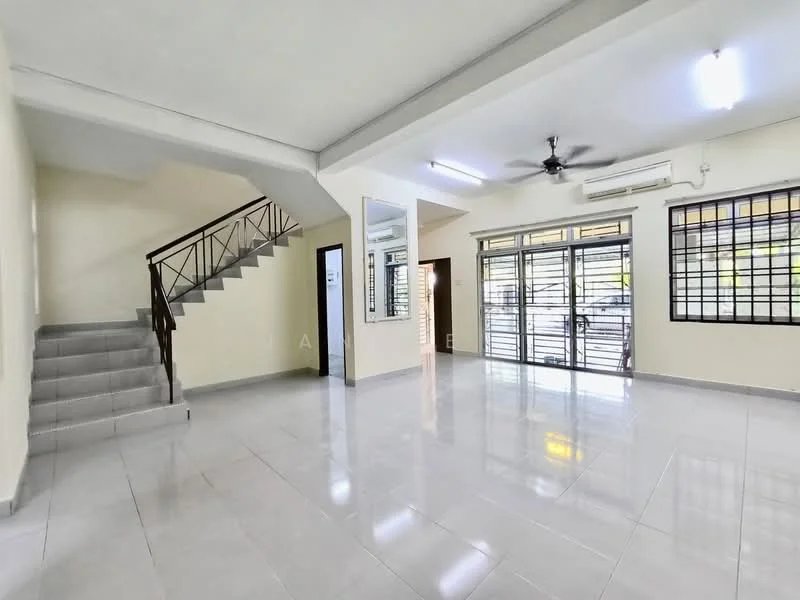 Living features: white painted walls, grey tiled flooring, 5-blade ceiling fan with light, wall-mounted split AC, large sliding glass door, grilled window with black frames, staircase with metal railing, recessed ceiling lights; style: modern.