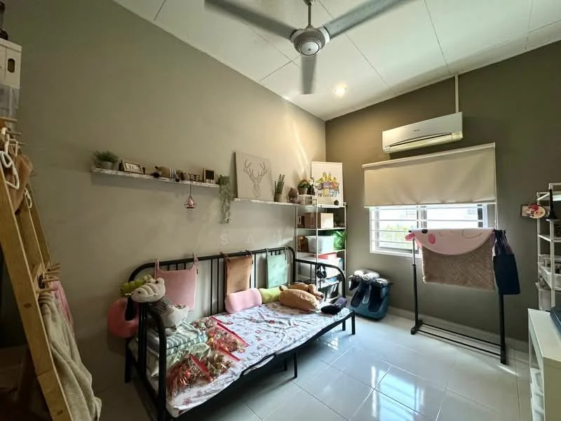 Bedroom features: grey painted walls, white ceiling, 5-blade ceiling fan, window with blinds, air conditioning unit, floor-to-ceiling window, white tile flooring, metal bed frame, decorative wall art, open shelving unit, clothes rack, bedding with floral pattern, houseplants in pots, laundry hanging on rack; style: modern.