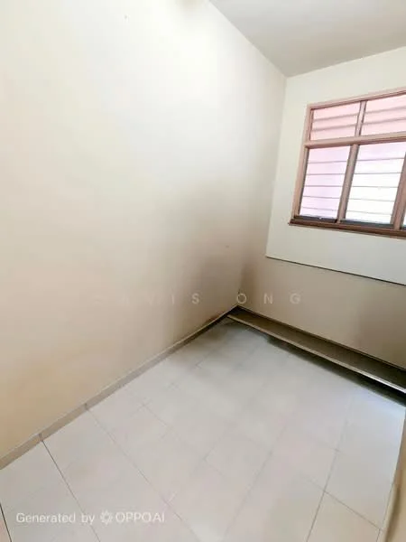 Room features: cream painted walls, tile flooring, single window with wooden frame, natural light from window.
