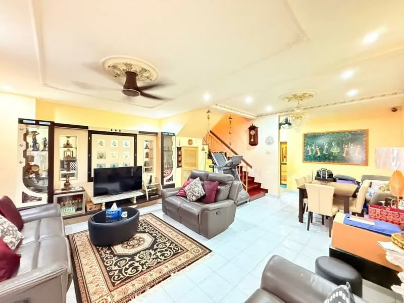 Living features: 3-seater leather sofa in grey, 2-seater leather sofa in grey, decorative cushions, coffee table, TV console, wall-mounted TV, area rug with geometric pattern, ceiling fan with light, recessed downlights, wall decor with framed artwork, display cabinets with glass doors, staircase leading to upper floor, dining area with dining table, decorative wall clock; style: contemporary.