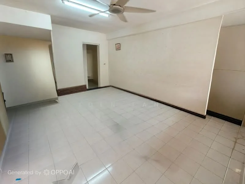 Living features: white painted walls, glossy ceramic tile flooring, ceiling fan, fluorescent ceiling light, doorway leading to another room, neutral color scheme, no visible furniture, large open space.