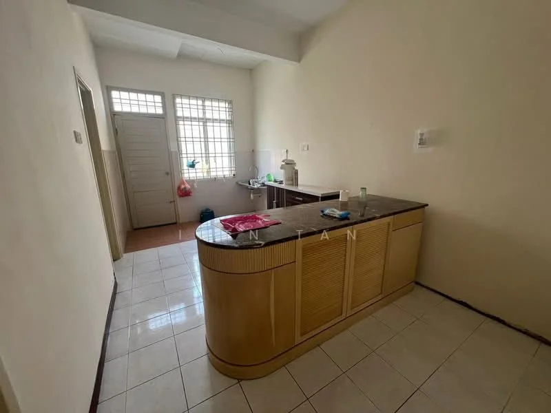 Kitchen features: laminate countertop, wood cabinetry, single-bowl stainless-steel sink, chrome pull-down faucet, white tiled walls, cream tiled flooring, window with grid pattern, door leading to hallway.
