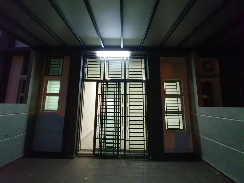 Exterior features: metal grille door, glass panel doors, strip lighting, concrete walls, sliding windows, dark tiled flooring, modern architectural design; style: modern.