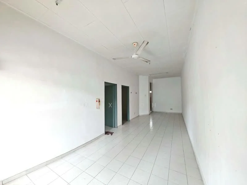 Room features: white painted walls, ceramic tile flooring, 5-blade ceiling fan, single light fixture, open layout, no visible furniture, large windows, neutral color scheme; style: minimalist.