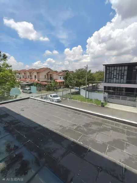 Exterior type: linked terrace house; features: flat roof, surrounded by mature greenery, driveway with interlocking pavers, two-storey linked terrace houses, urban context, clear sky, residential street; style: modern.