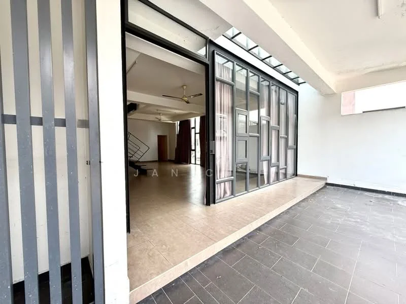 Room features: floor-to-ceiling windows, sliding glass door, grey tiled flooring, cream painted walls, ceiling fan, open layout, natural light from windows, access to outdoor space; style: modern; view: garden.