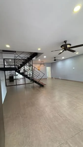 Living features: open layout, grey painted walls, tile flooring, 5-blade ceiling fan with light, 2 ceiling fans, staircase with metal railing, recessed downlights, large windows for natural light; style: modern.