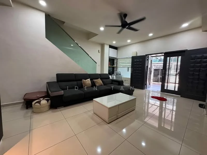 Living features: black fabric sectional sofa, white coffee table, polished ceramic tile flooring, 5-blade ceiling fan, recessed LED downlights, large glass sliding doors, black double doors, staircase with glass railing, decorative wall paneling, area rug; style: modern.