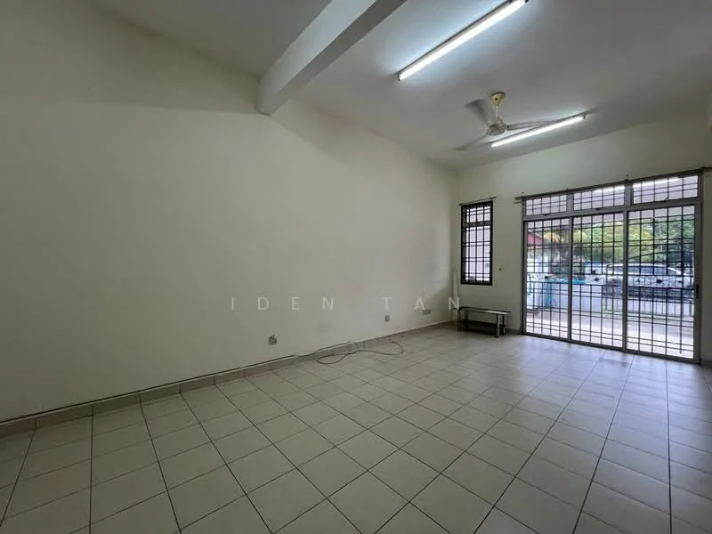 Living features: white painted walls, tiled flooring, ceiling fan, large windows with metal grills, sliding glass door, natural light from windows, open layout, corner space for furniture; view: garden.