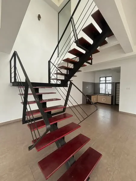 Room features: spiral staircase with wooden steps, metal railing, open space layout, white painted walls, large windows for natural light, tile flooring, high ceiling, kitchen area visible in background; style: modern.