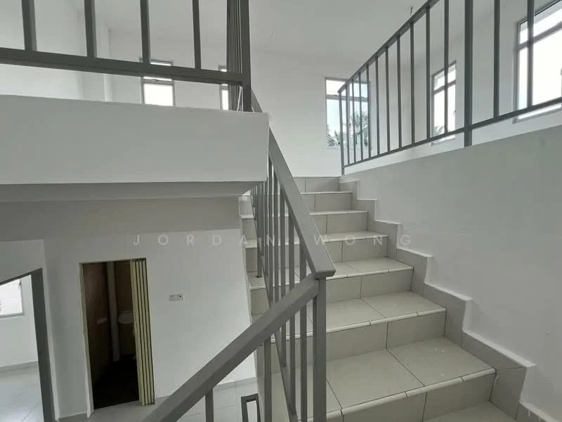 Room features: white painted walls, grey metal railing, tile flooring, staircase with steps, large windows, natural light, open layout, high ceiling; style: modern.