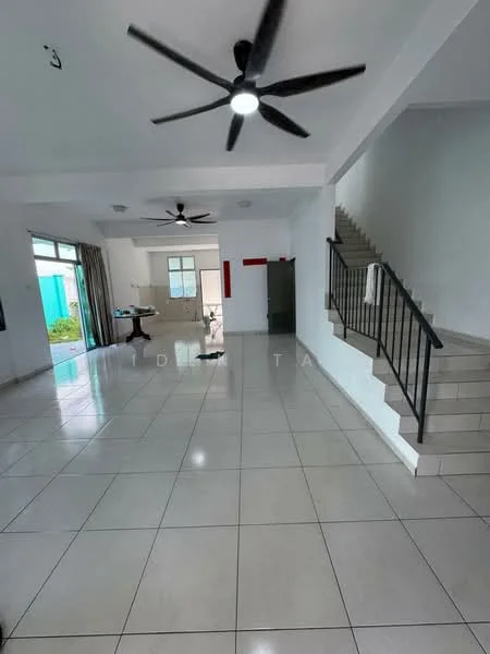 Living features: large floor tiles, white painted walls, 5-blade ceiling fan with light, 2 ceiling fans, large windows with sheer curtains, open layout, staircase with metal railing, natural light from windows, neutral color scheme; style: modern; view: garden. Kitchen features: open kitchen layout, kitchen island, red accent wall, white cabinetry, stainless-steel appliances, tile backsplash; style: modern.