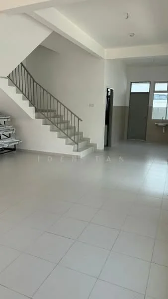 Room features: white painted walls, light grey tiled flooring, staircase with metal railing, large windows allowing natural light, door leading to another room, open layout, high ceiling, utility area with sink; style: modern.