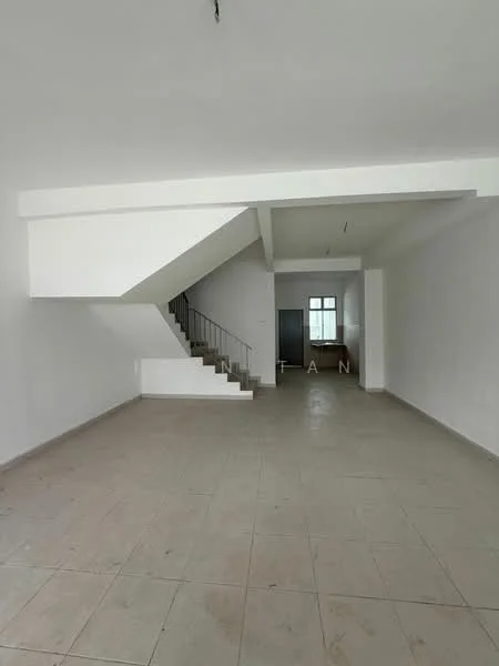 Room features: white painted walls, tile flooring, staircase with metal railing, large window, open layout, high ceiling, neutral color scheme, no visible furniture; style: modern.