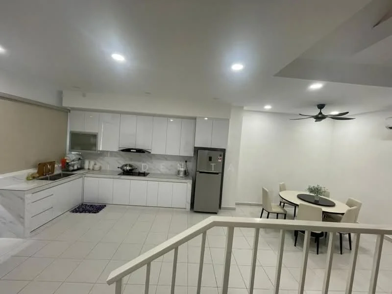 Kitchen features: white shaker cabinets, marble countertop, stainless-steel fridge, built-in oven, freestanding range oven, ceramic tile flooring, recessed downlights, single-bowl stainless-steel sink, chrome pull-down faucet, grey backsplash, open shelving; style: modern. Dining features: round dining table, upholstered dining chairs, ceiling fan, decorative centerpiece; style: modern.