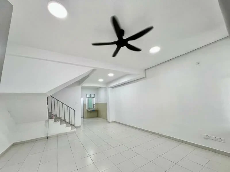 Living features: white painted walls, tile flooring, 5-blade ceiling fan, recessed downlights, staircase with metal railing, open layout, large windows, natural light; style: modern. Room features: kitchen area visible, unknown appliances, unknown cabinetry.