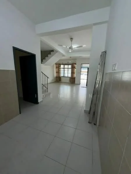 Room features: white painted walls, light grey tiled flooring, ceiling fan, staircase with metal railing, large windows with sheer curtains, neutral color scheme, open layout, corner space for furniture; style: modern.