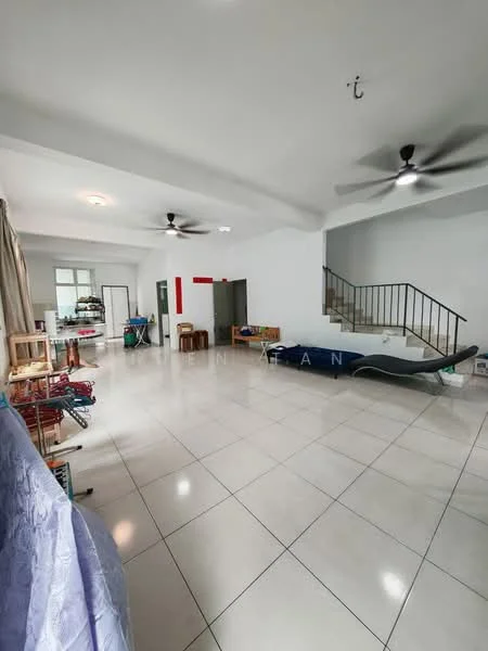 Living features: white painted walls, polished ceramic tile flooring, 2 ceiling fans, large windows with sheer curtains, staircase with metal railing, open layout, seating area with sofa, storage shelves, decorative items on shelves, dining table, area rug, light fixture on ceiling; style: modern.