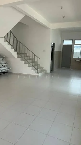 Room features: white painted walls, tile flooring, staircase with metal railing, large windows, door leading to another room, utility area with sink, open layout, neutral color scheme; style: modern.