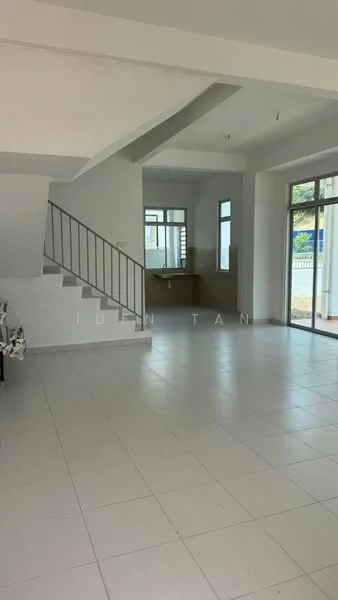 Room features: white painted walls, tile flooring, large windows, staircase with metal railing, open layout, natural light, high ceiling, corner windows; style: modern; view: street.