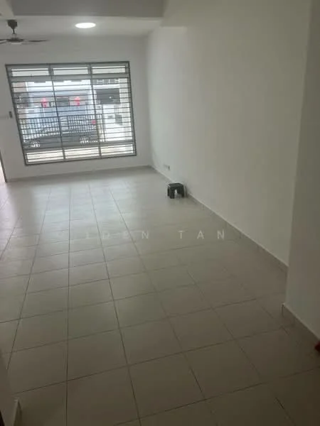 Room features: white painted walls, tile flooring, large windows, natural light, ceiling light, open layout, no visible furniture, neutral color scheme; style: modern; view: street.