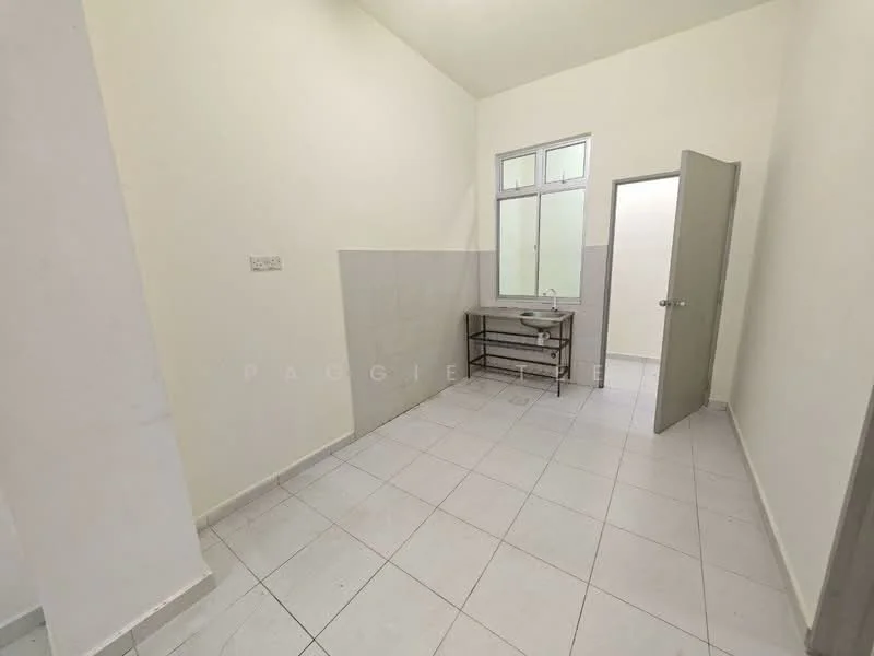 Room features: white painted walls, light grey tiled flooring, single basin sink, metal shelving unit, large window with clear glass, door leading to another room, neutral ceiling, no visible lighting fixtures; style: minimalist.