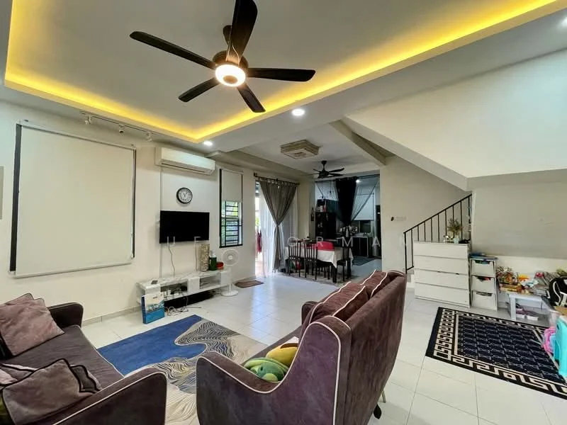 Living features: 5-blade ceiling fan with integrated LED light, sofa in purple fabric, coffee table, wall-mounted TV, white TV console, area rug with abstract pattern, white walls, recessed lighting, tile flooring, decorative wall art; style: modern. Dining features: dining table with chairs, black and white patterned rug, white walls, recessed lighting, tile flooring; style: modern.