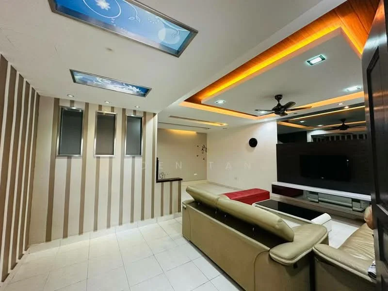Living features: cream painted walls, striped accent wall, white tiled flooring, recessed ceiling with LED lighting, ceiling fan, wall-mounted TV, entertainment unit, sofa in beige leather, red coffee table, built-in shelving, decorative wall clock, floor-to-ceiling windows; style: modern.