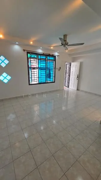 Room features: white painted walls, glossy ceramic tile flooring, ceiling fan, recessed downlights, large windows with blue frames, main entrance door, open layout, neutral color scheme; style: modern.