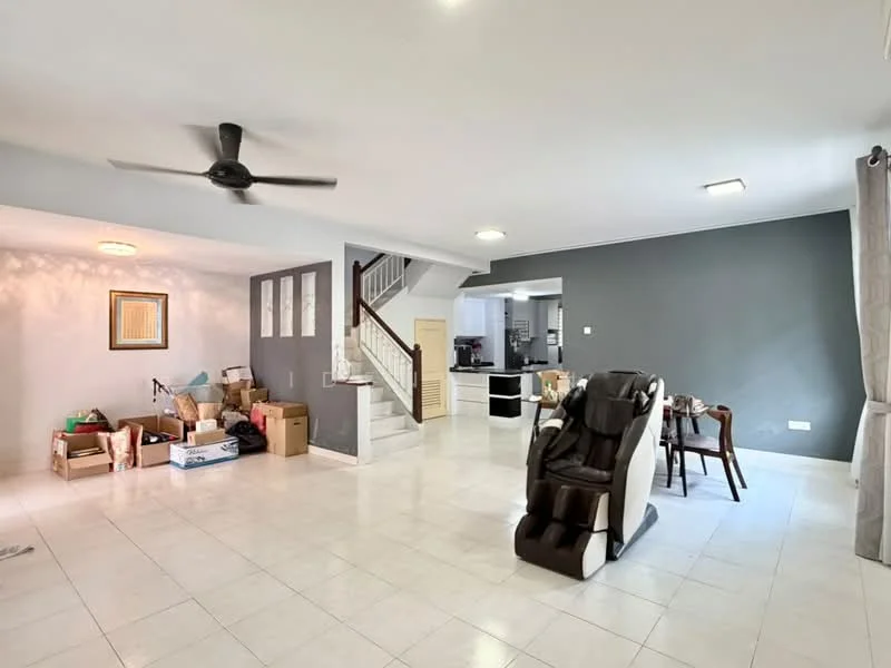 Living features: white tiled flooring, grey accent wall, 5-blade ceiling fan, recessed downlights, large windows with sheer curtains, open layout, space for dining table, decorative wall art, relaxation chair, boxes and packing materials, staircase leading to upper floor; style: modern.