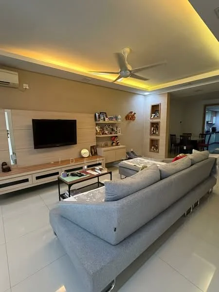 Living features: 3-seater fabric sofa in grey, coffee table with glass top, wall-mounted TV, TV console with storage, decorative shelves, recessed LED downlights, ceiling fan, white tiled flooring, light beige painted walls, decorative items on shelves; style: modern.