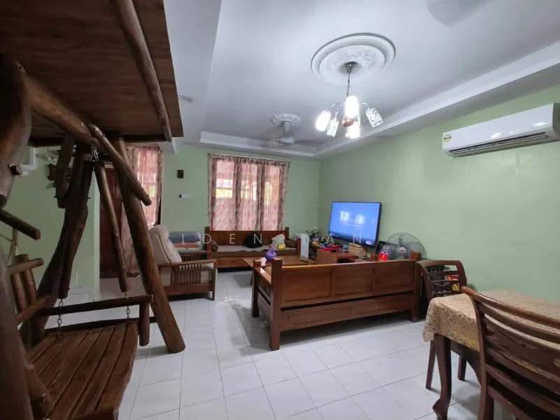 Living features: light green painted walls, white tiled flooring, tray ceiling with recessed lighting, 5-blade ceiling fan with light, sofa with wooden frame, wooden coffee table, TV console, wall-mounted TV, dining table with chairs, swing chair, air conditioning unit; style: modern.