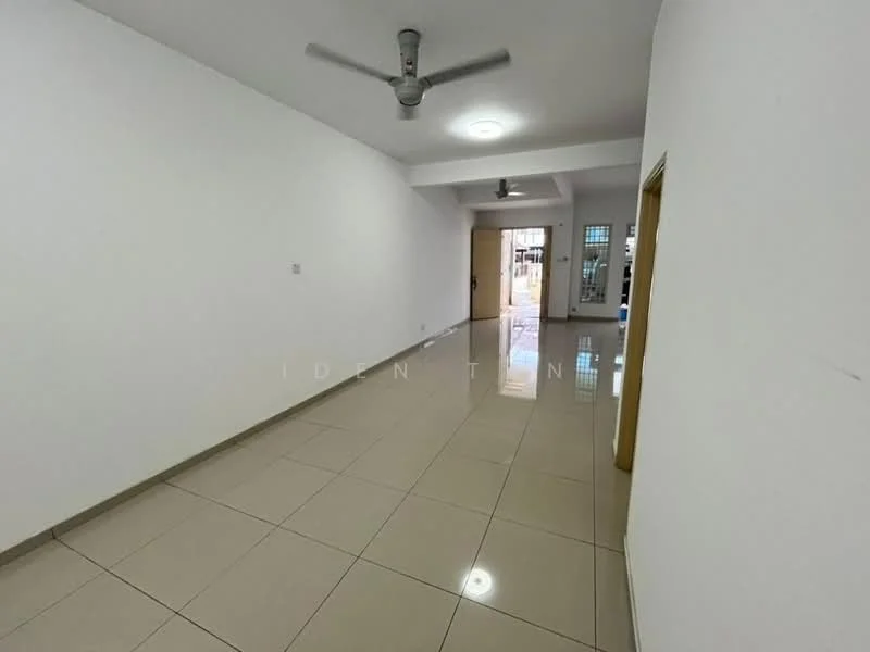 Room features: white painted walls, glossy ceramic tile flooring, ceiling lights, ceiling fan, doorway leading to another room, large windows allowing natural light; style: modern.