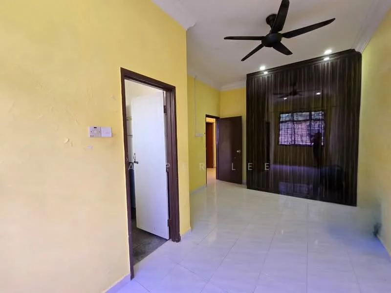 Room features: yellow painted walls, white tiled flooring, ceiling fan, wooden door, glossy dark panel wall, window with natural light, light fixtures, doorway to adjacent room; style: modern.