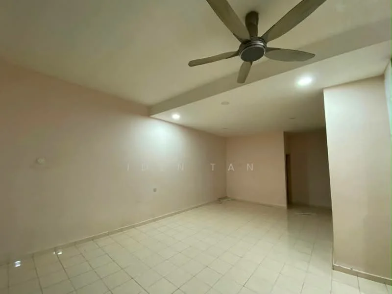 Room features: light beige painted walls, white tiled flooring, 5-blade ceiling fan, recessed downlights, no visible furniture, open space layout; style: minimalist.