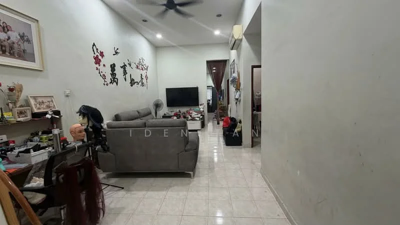 Living features: grey fabric sofa, wall-mounted TV, white painted walls, tile flooring, ceiling fan, decorative wall art, open shelving, coffee table, area rug. Room features: white painted walls, tile flooring, doorway leading to another room.